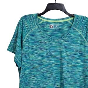 RBX Womens V-Neck Activewear Top 2X Blue Green Space Dye Polyester X-Dri Gym